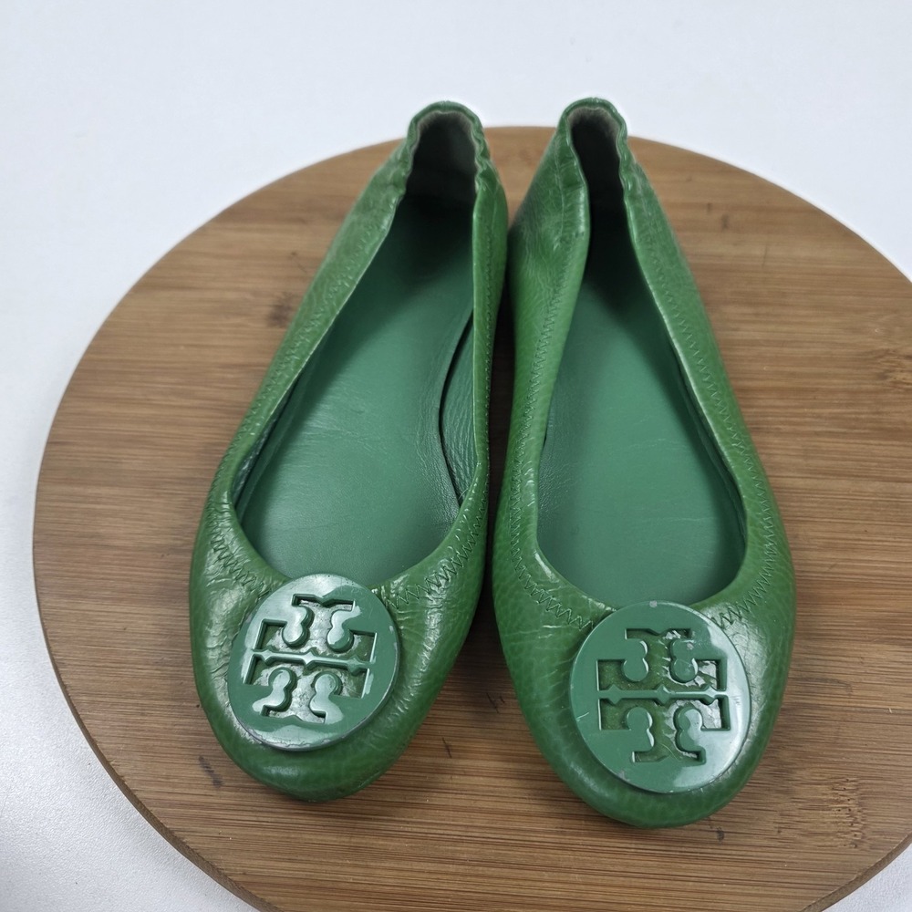 Tory Burch Ballet Flats Shoes Womens Size 6.5 Green Leather Logo Reva Round Toe